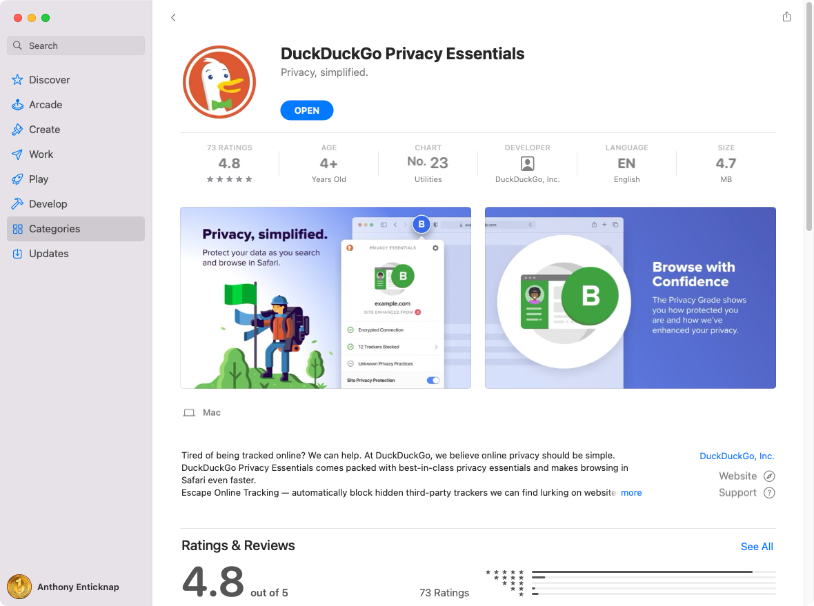 Downloadng DuckDuckGo extension in Mac App Store