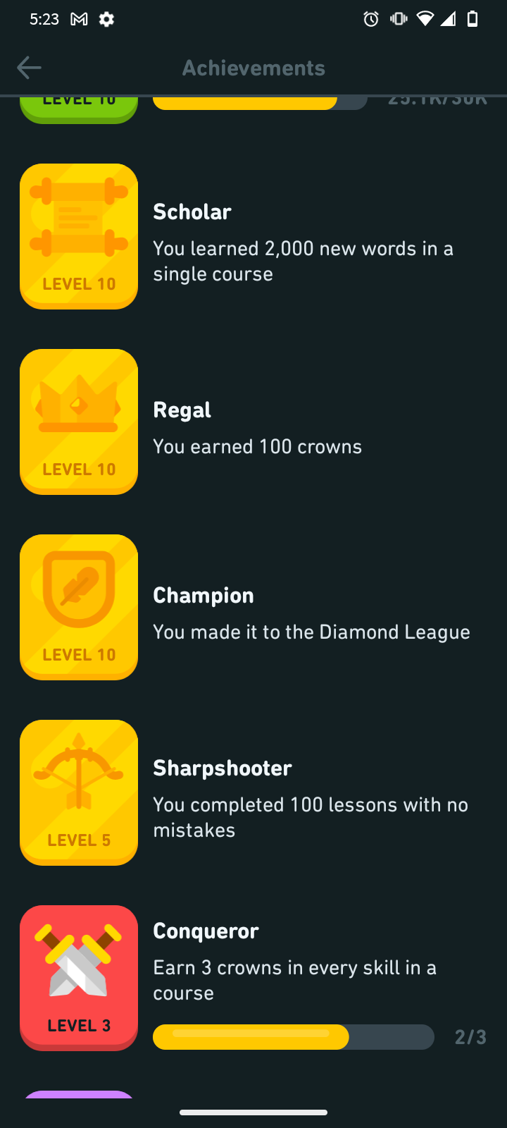 Duolingo awards displayed in a user's profile.