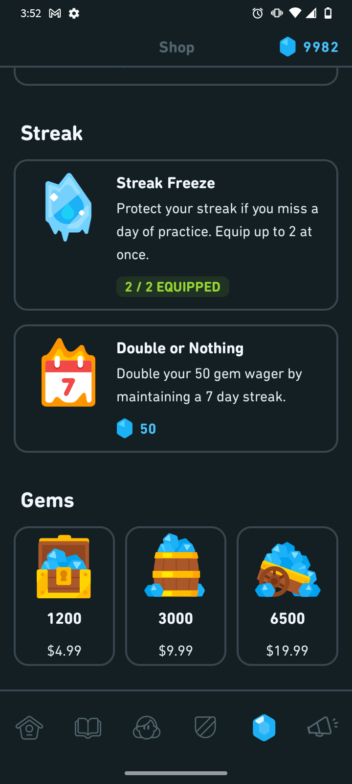 Buying gems and unlocking items in the Duolingo shop.
