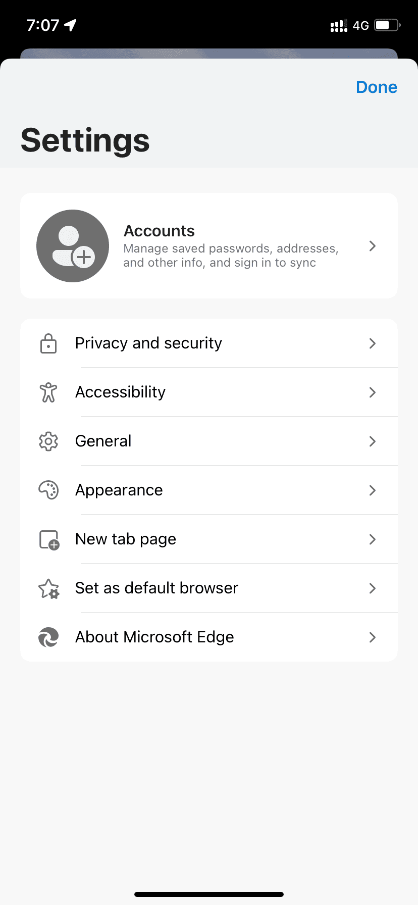 Edge browser Settings on iPhone