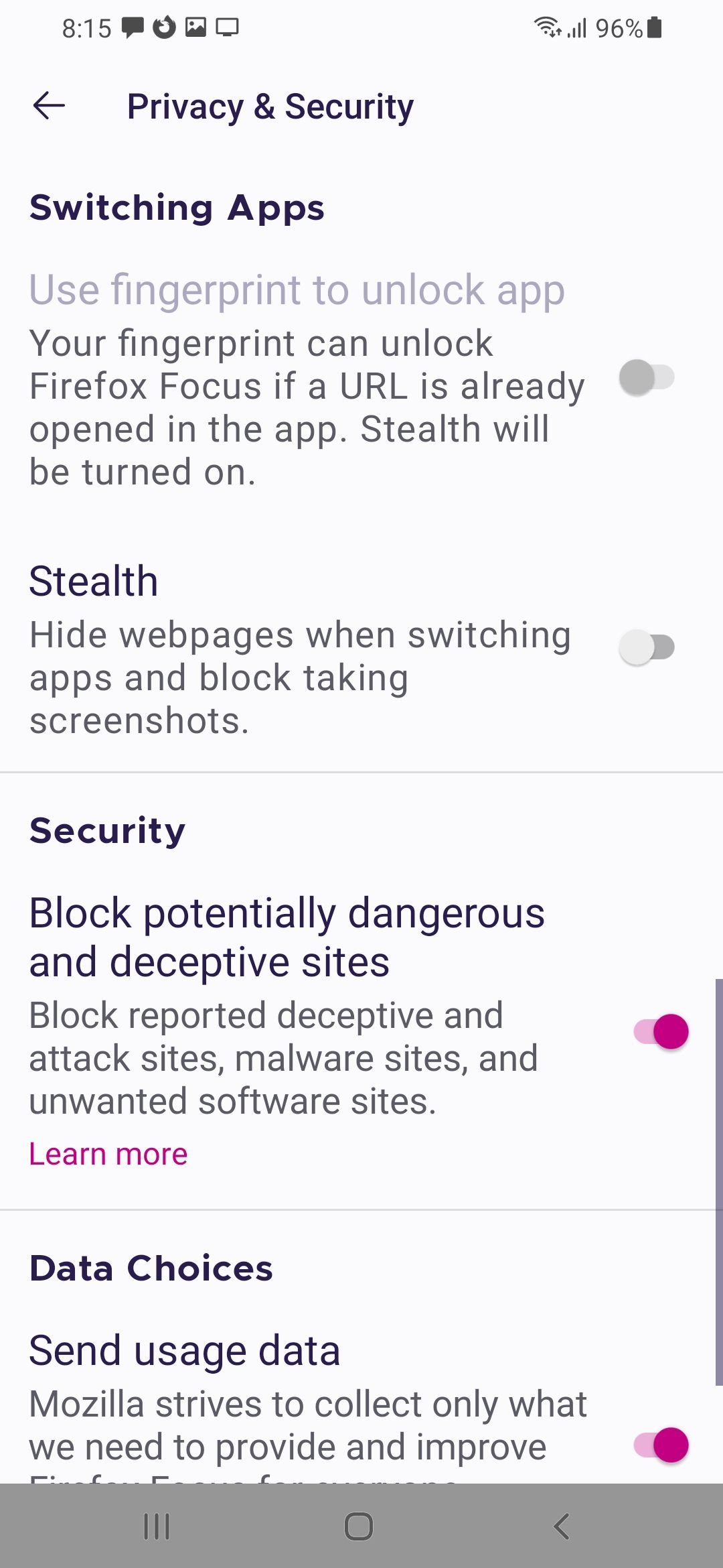 Enable Stealth Mode and Fingerprint on Firefox Focus