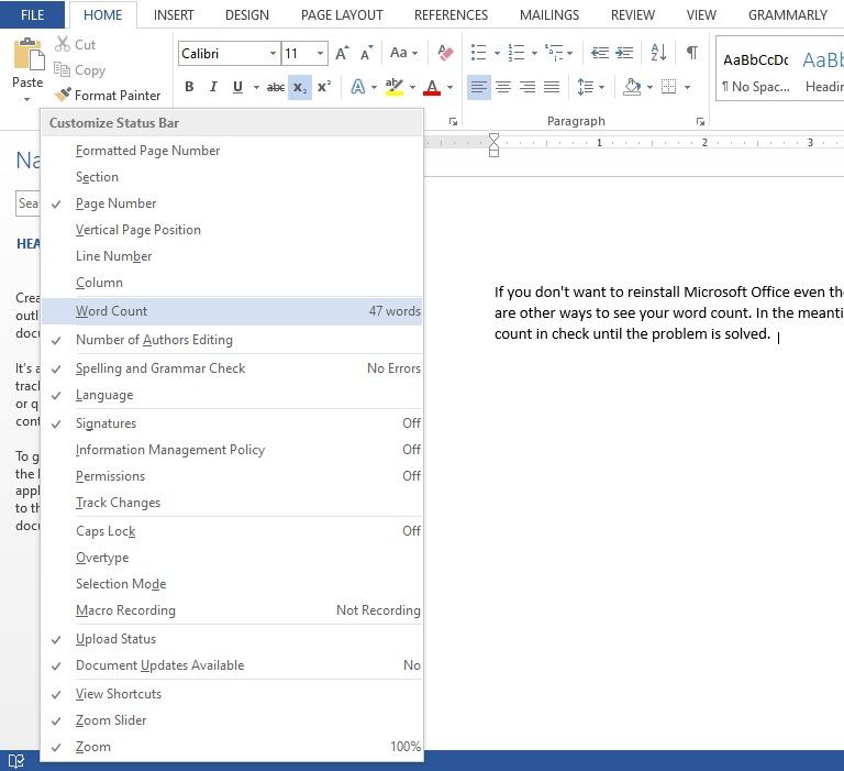 Enabling Word Count in Microsoft Word Status Bar Customization Window