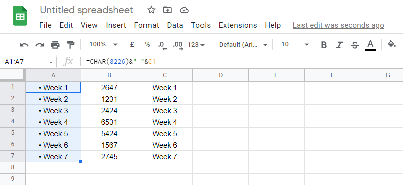 Final Output After Applying CHAR Formula in Google Sheets