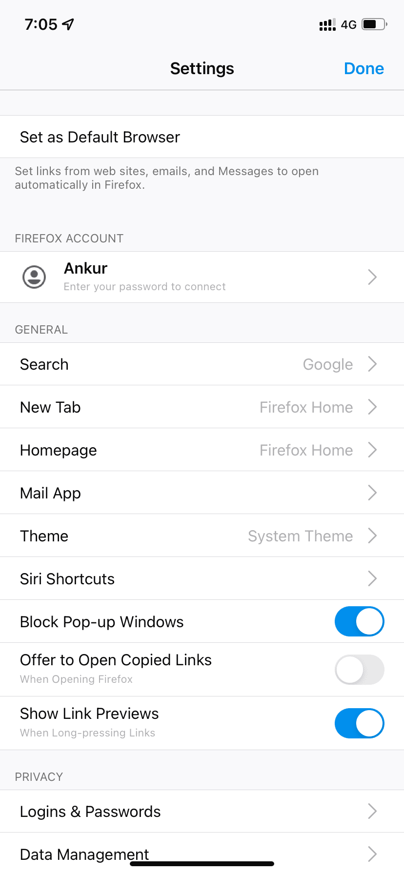 Firefox browser Settings on iPhone