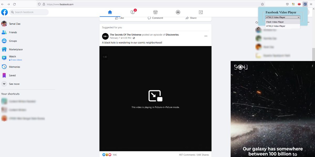 A view of the Flash Video Player for Facebook for Firefox
