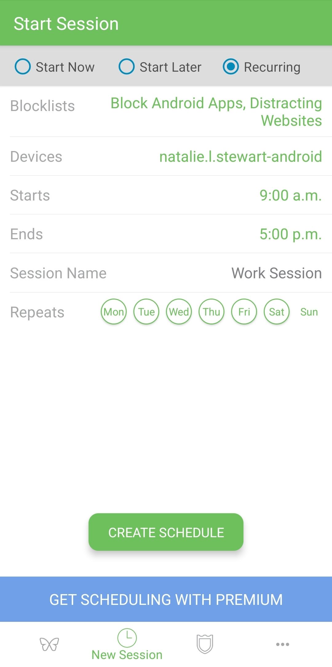 Freedom App set up a recurring block session