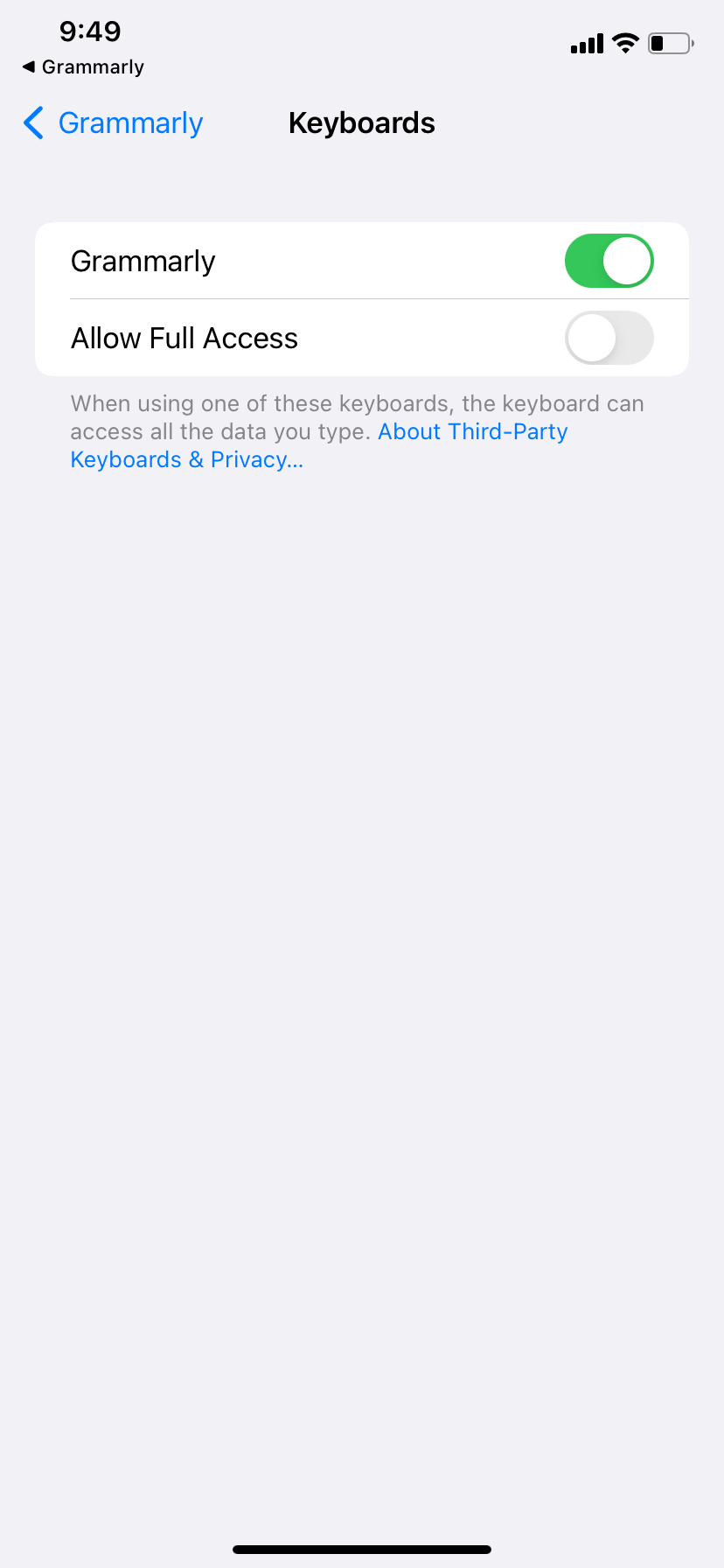 Image shows the GRammarly settings inside iPhone