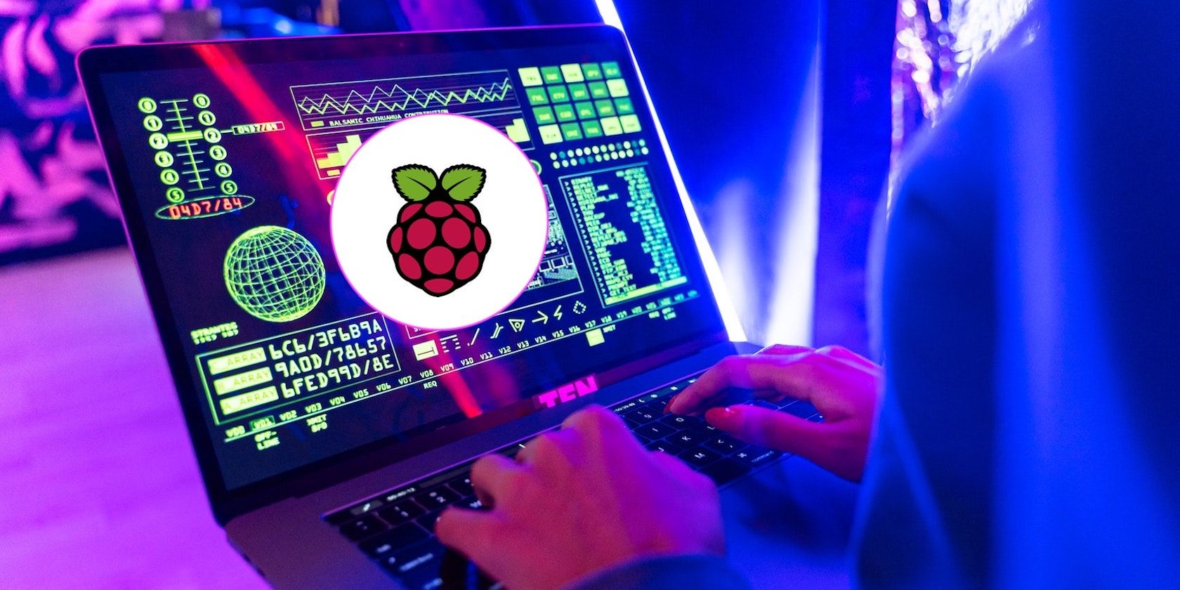 A man typing on a laptop showing neon green symbols and a raspberry pi logo