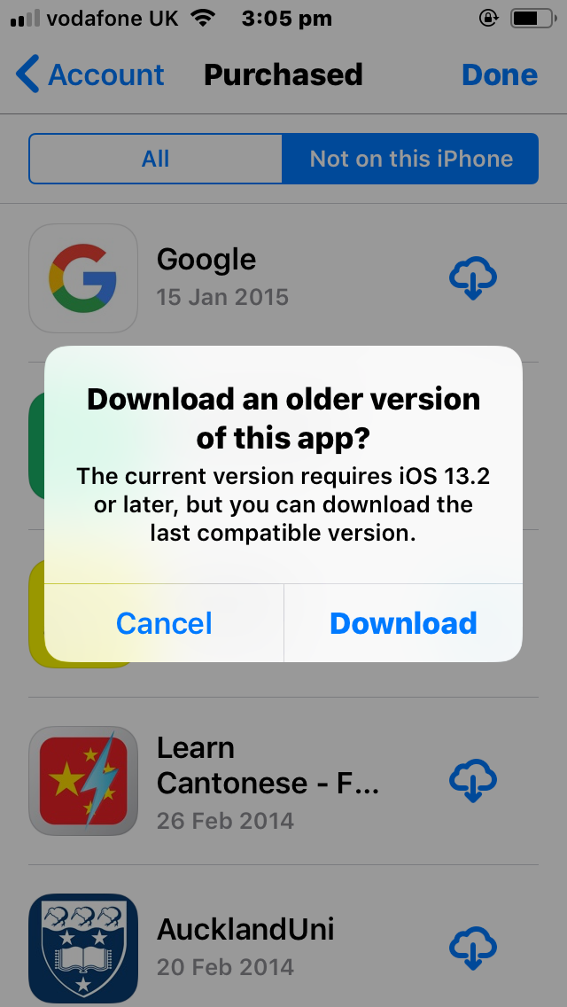 A screenshot from the App Store displaying the message "download an older version of this app?"