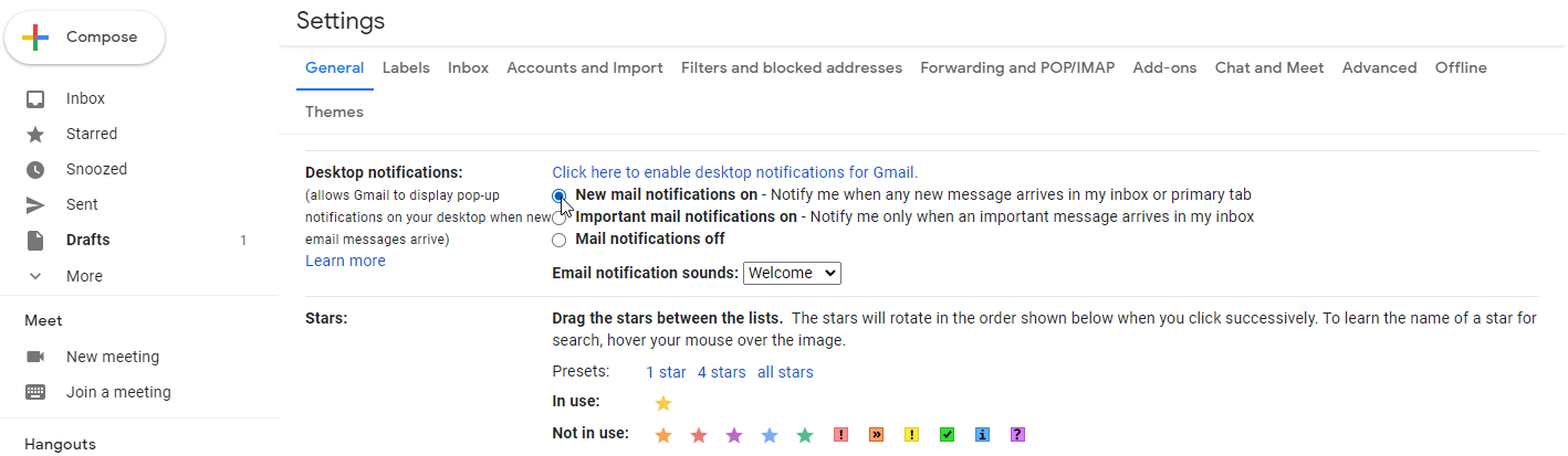A Screenshot of Gmail's Desktop Notification Setting