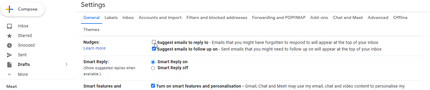 A Screenshot of Gmail's Nudges Setting