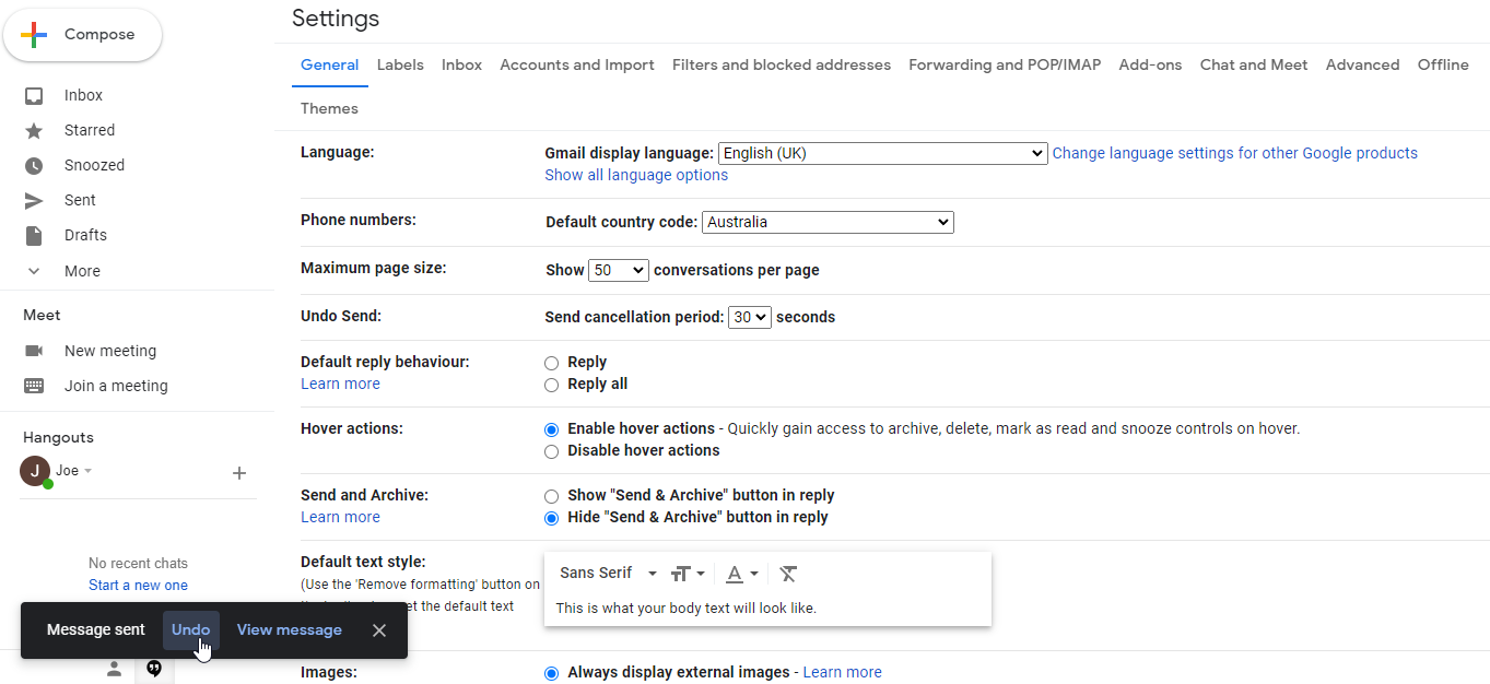 A Screenshot of Gmail's Undo Send Feature