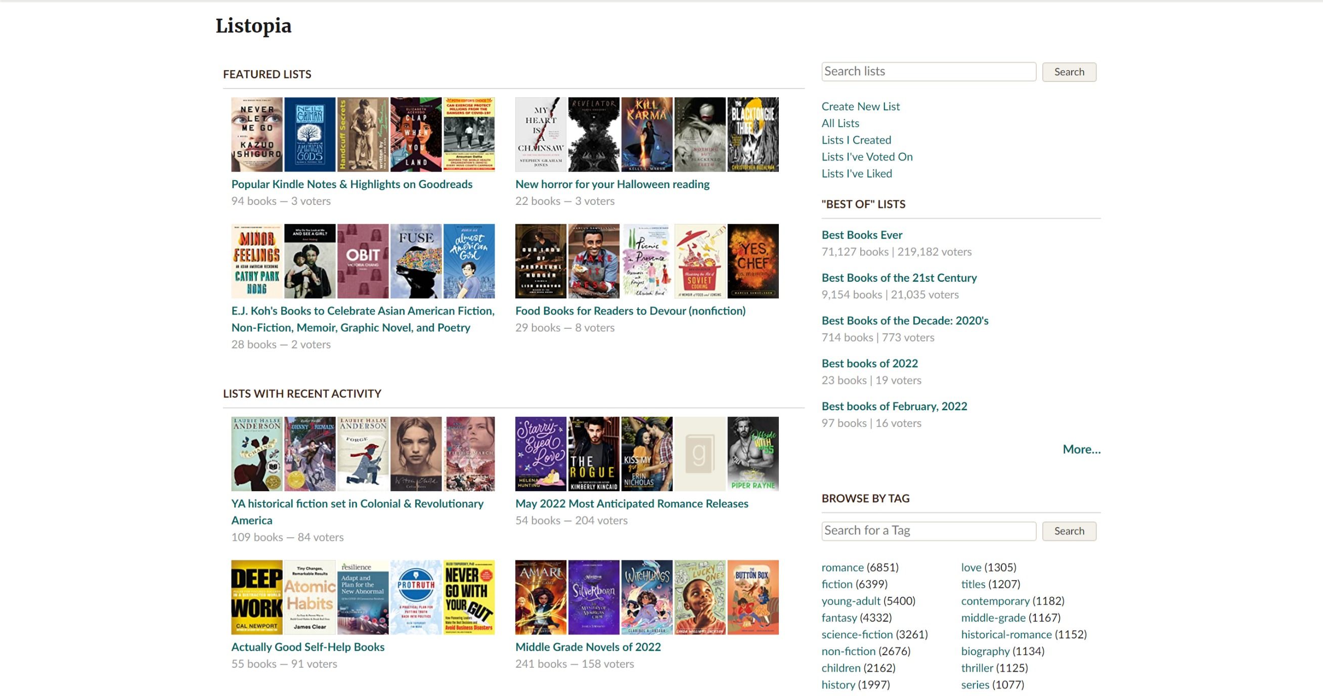Screenshot of the home page to Goodreads Listopia