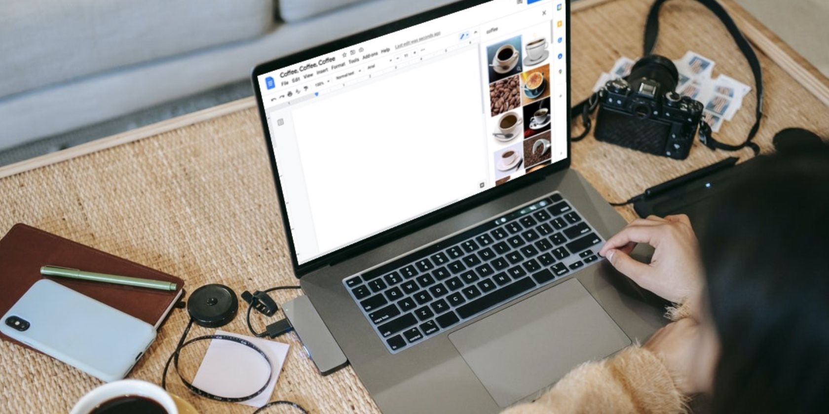 Image shows a woman using a laptop with Google Docs on the screen