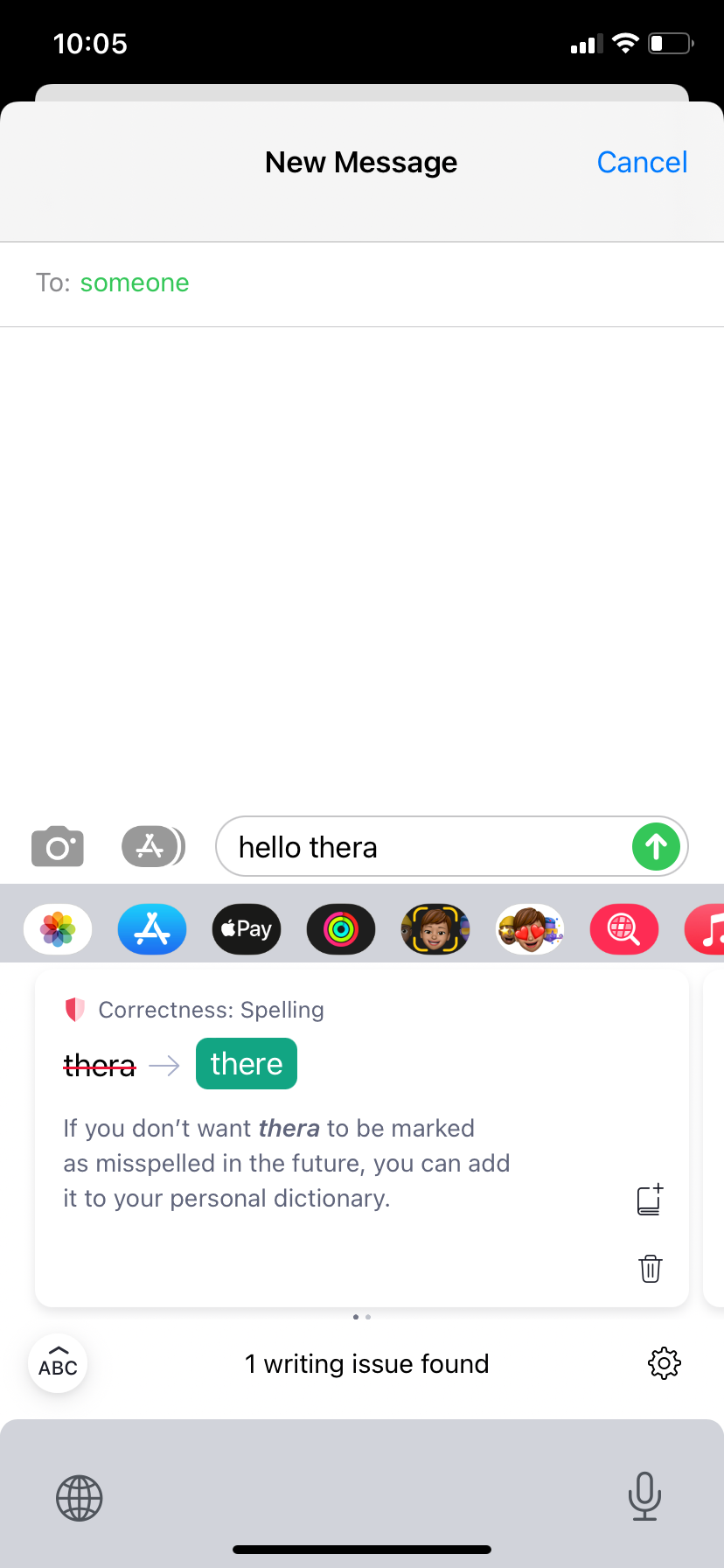 Image shows a grammar check using Grammarly Keyboard on iPhone