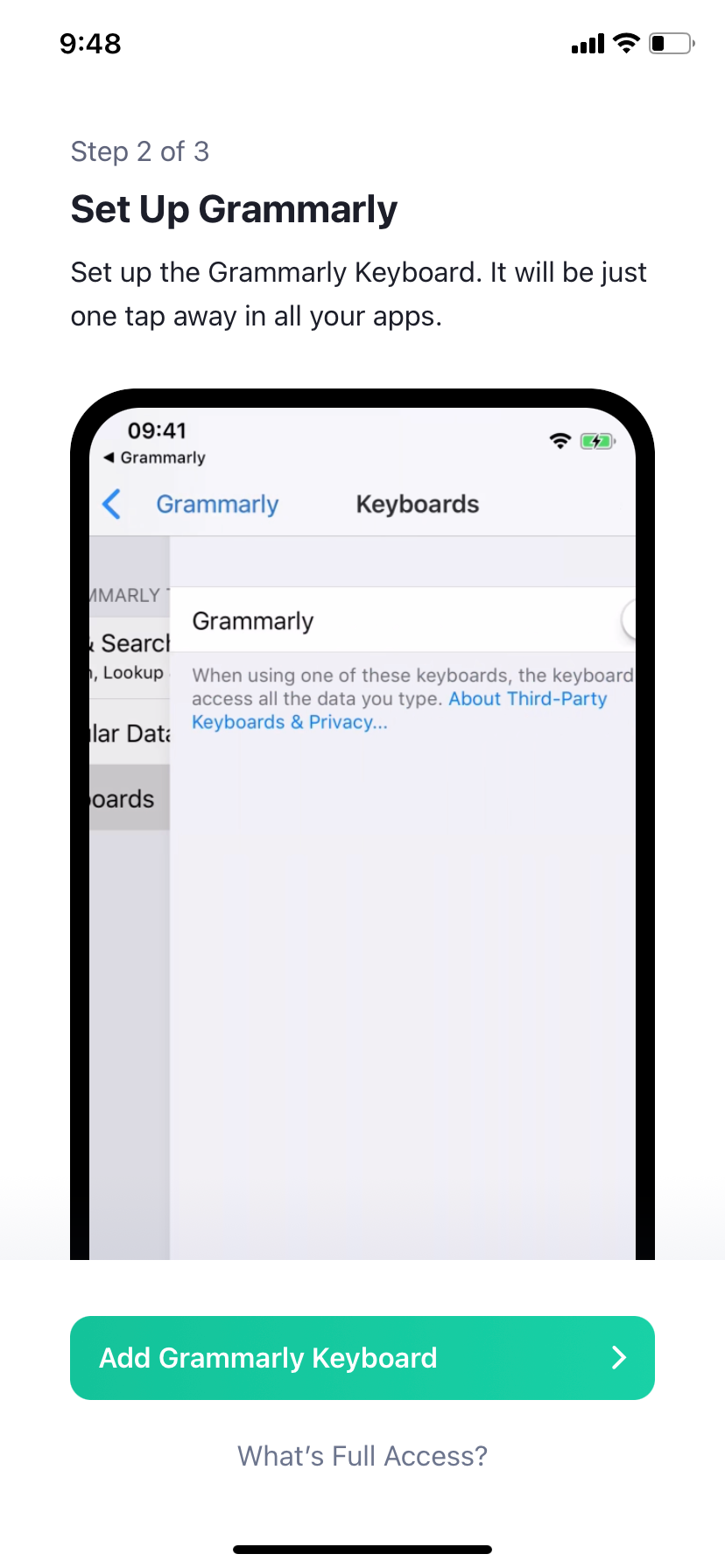 Image shows the set up screen for Grammarly Keyboard on iPhone
