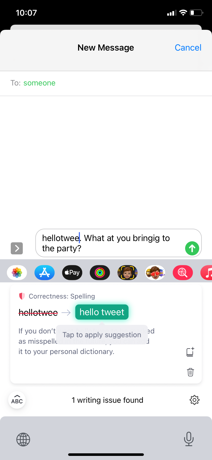 Image shows a spelling check using Grammarly Keyboard on iPhone