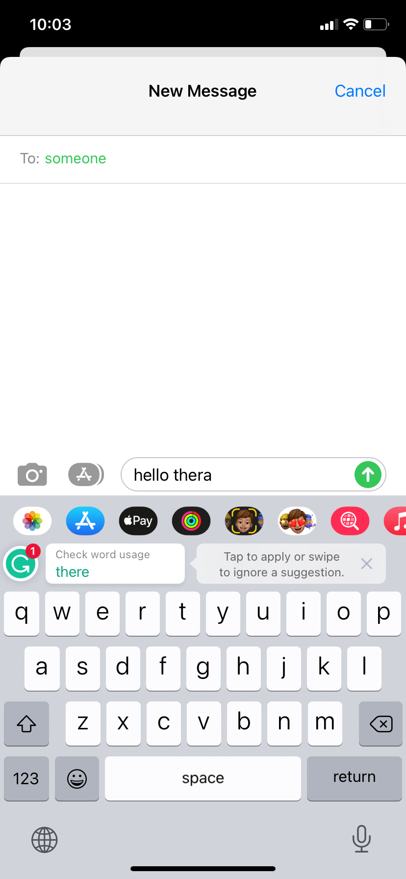 Image shows the Grammarly Keyboard on inside a text message