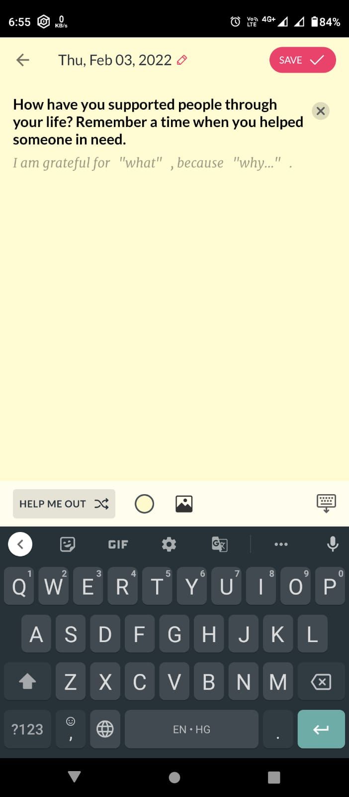 Gratitude app's journal showing what to write about