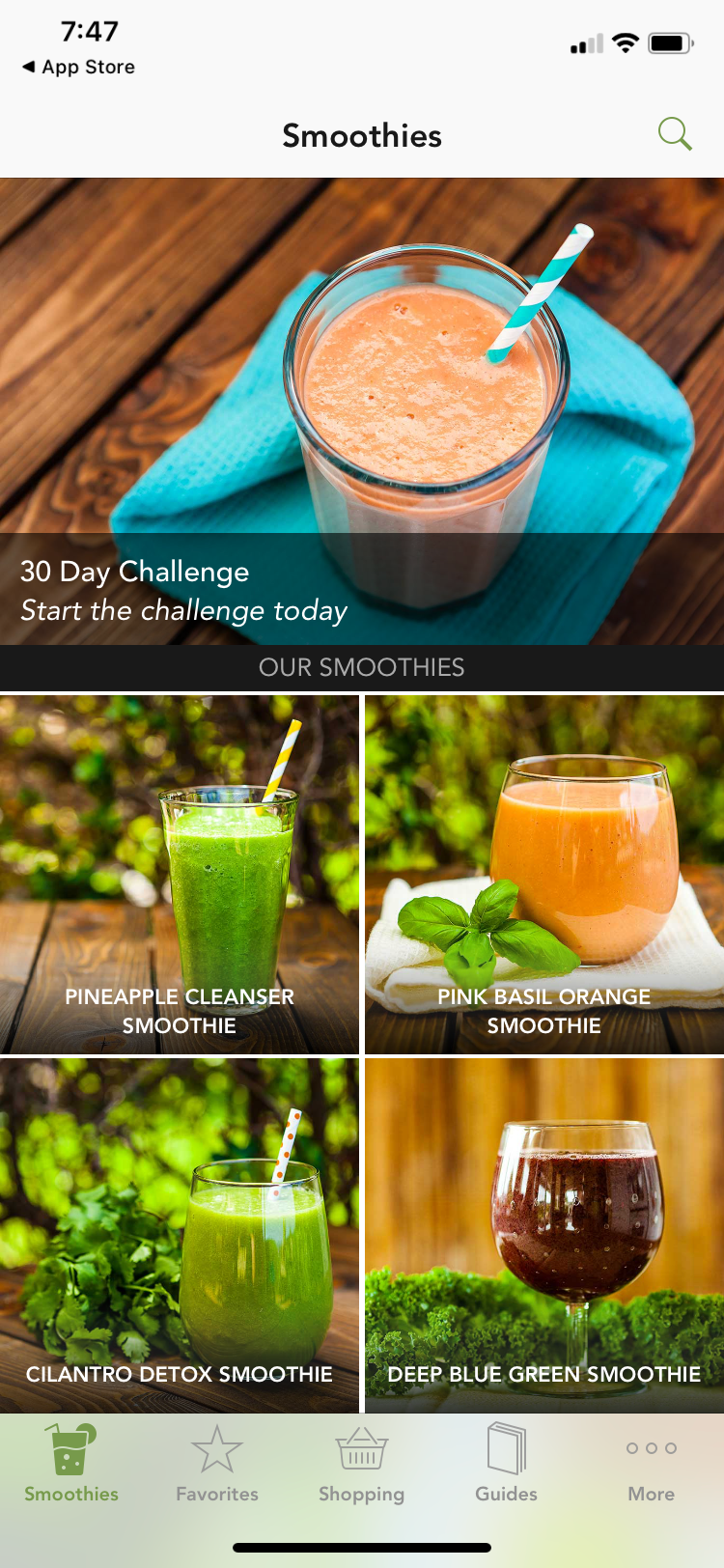 Green Smoothies app home page