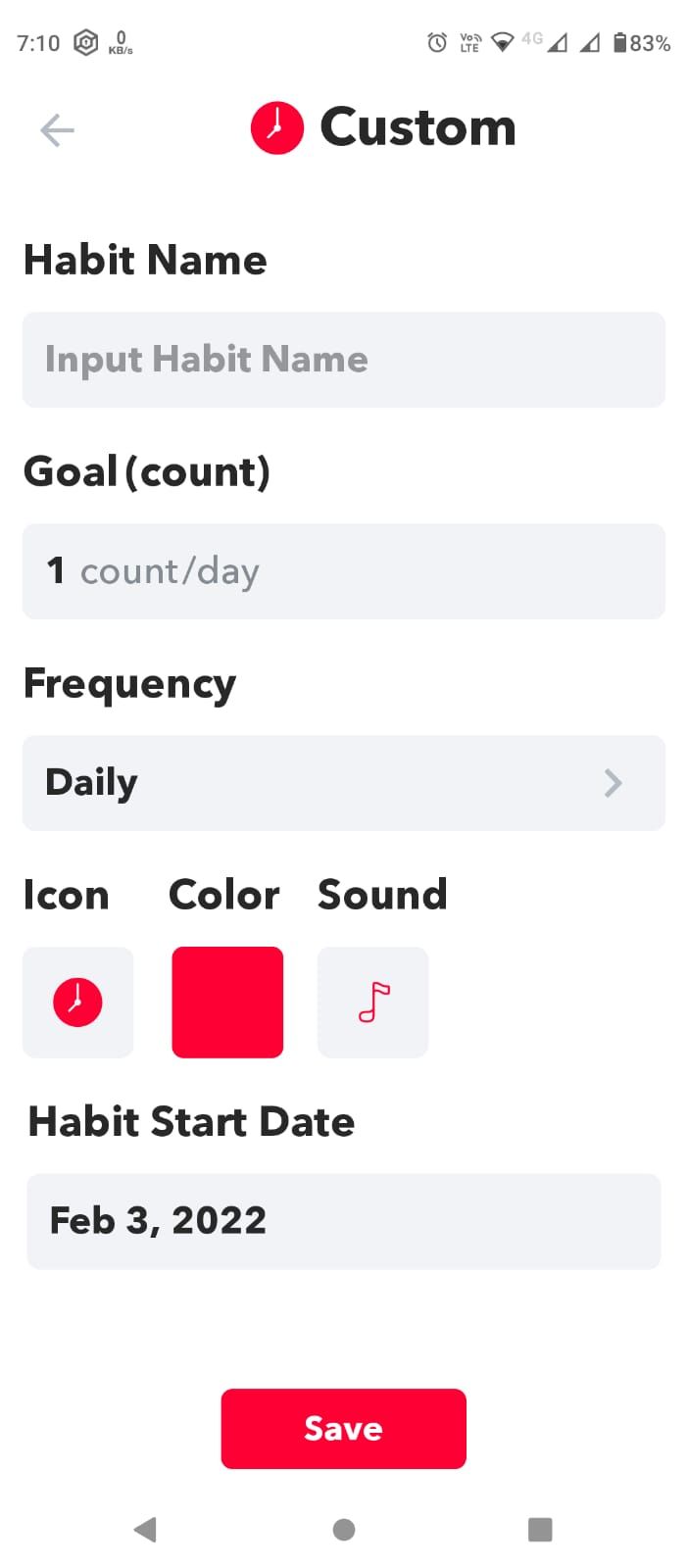 Habit Minder app's custom habit creator