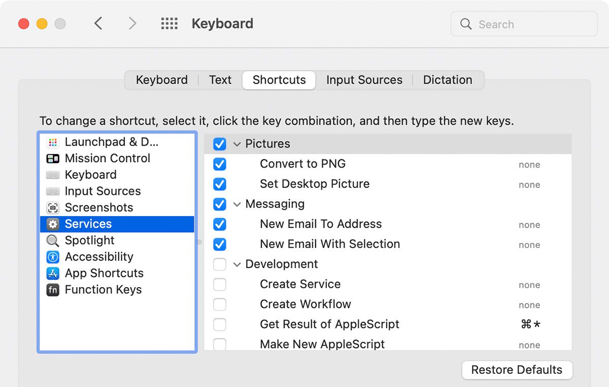 Services Shortcuts on macOS
