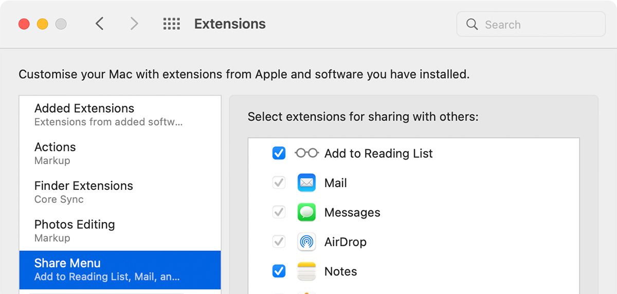 Share Menu extension options