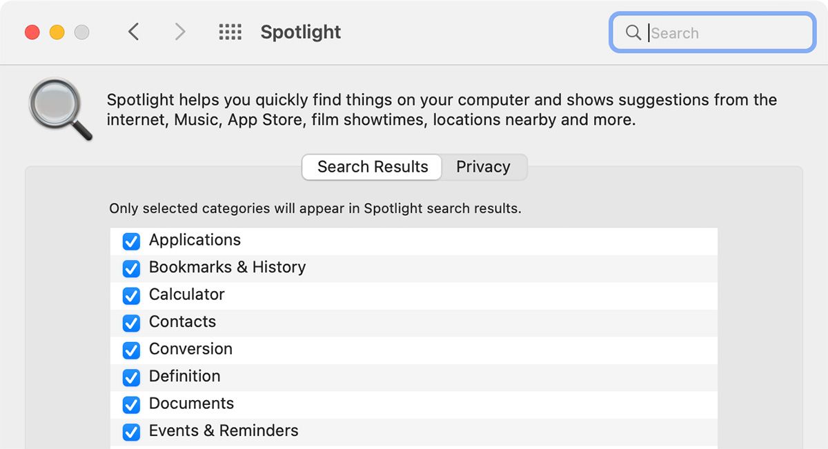 Search categories in Spotlight search