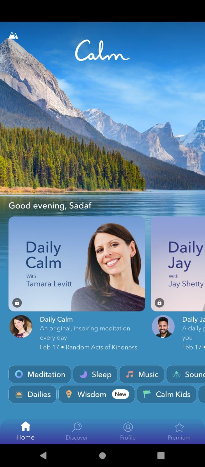 Homepage of the meditation app Calm
