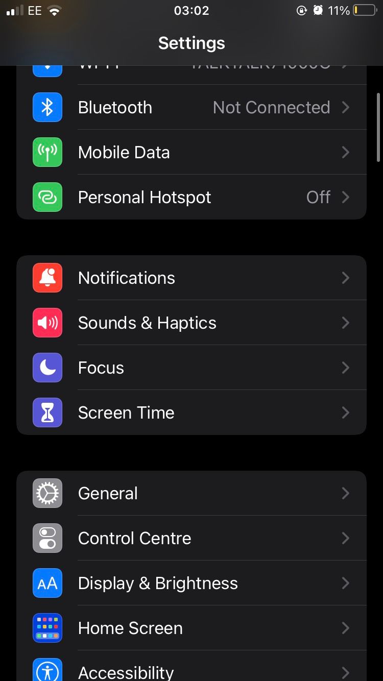 The iOS Settings app showing the various sub-menus.