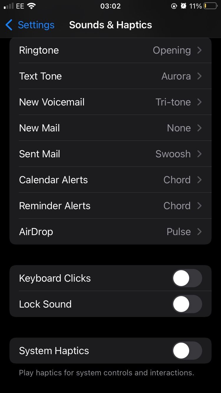The Sounds & Haptics section of the iOS Settings app, with Keyboard Clicks, Lock Sound, and System Haptics toggled Off. 