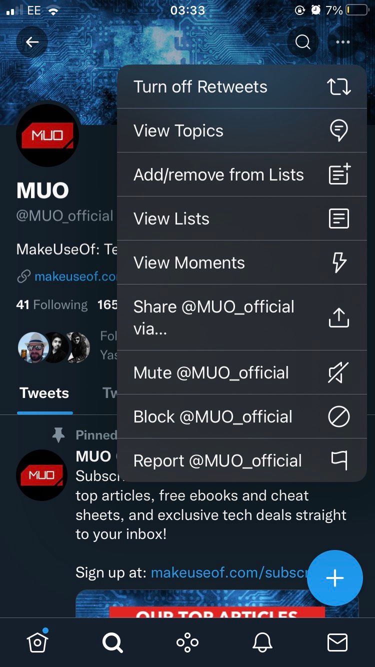 The MUO Twitter page on iOS.