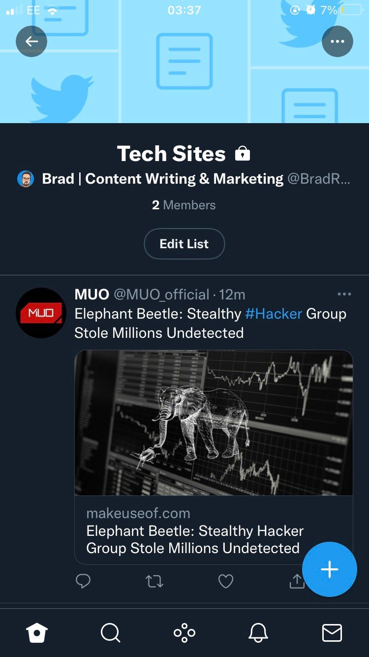 The feed of a Twitter Tech Site list.