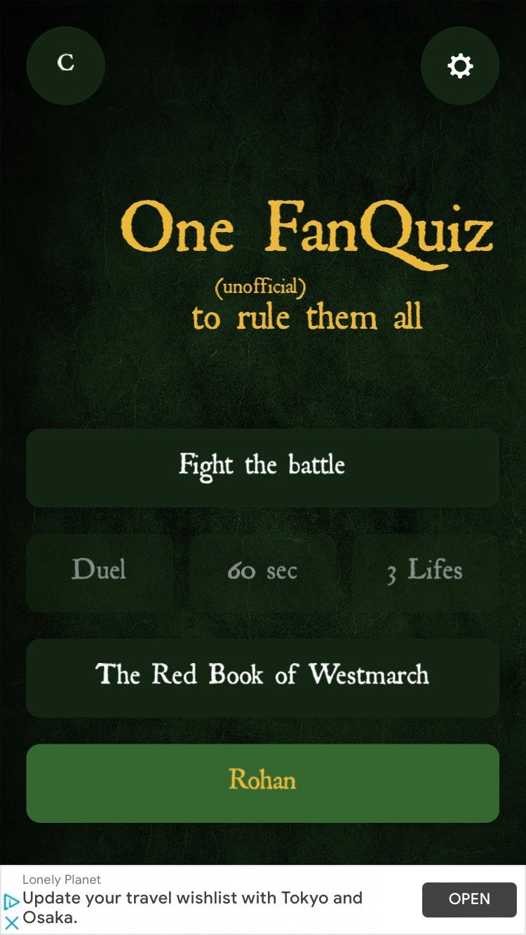 The home screen on the One Quiz to Rule Them All iOS app.