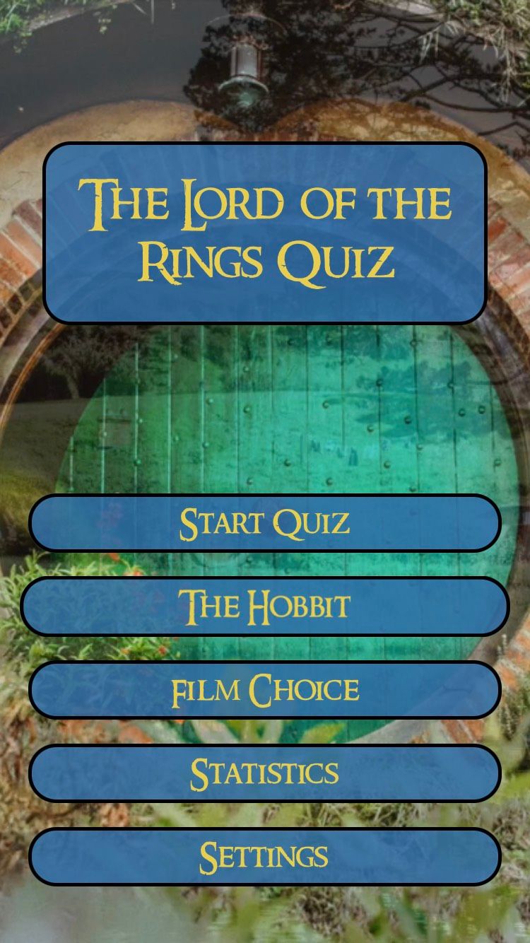 The home screen on the LotR Quiz iOS app.