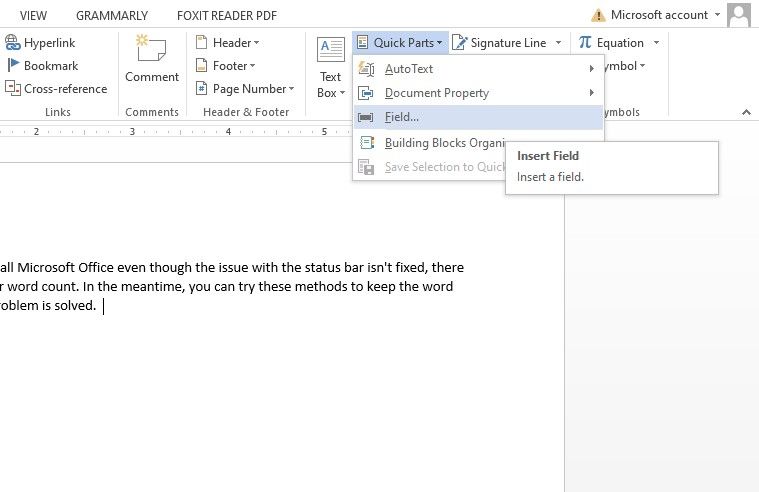 Inserting a New Field From Quick Parts Dropdown Menu in Microsoft Word Document