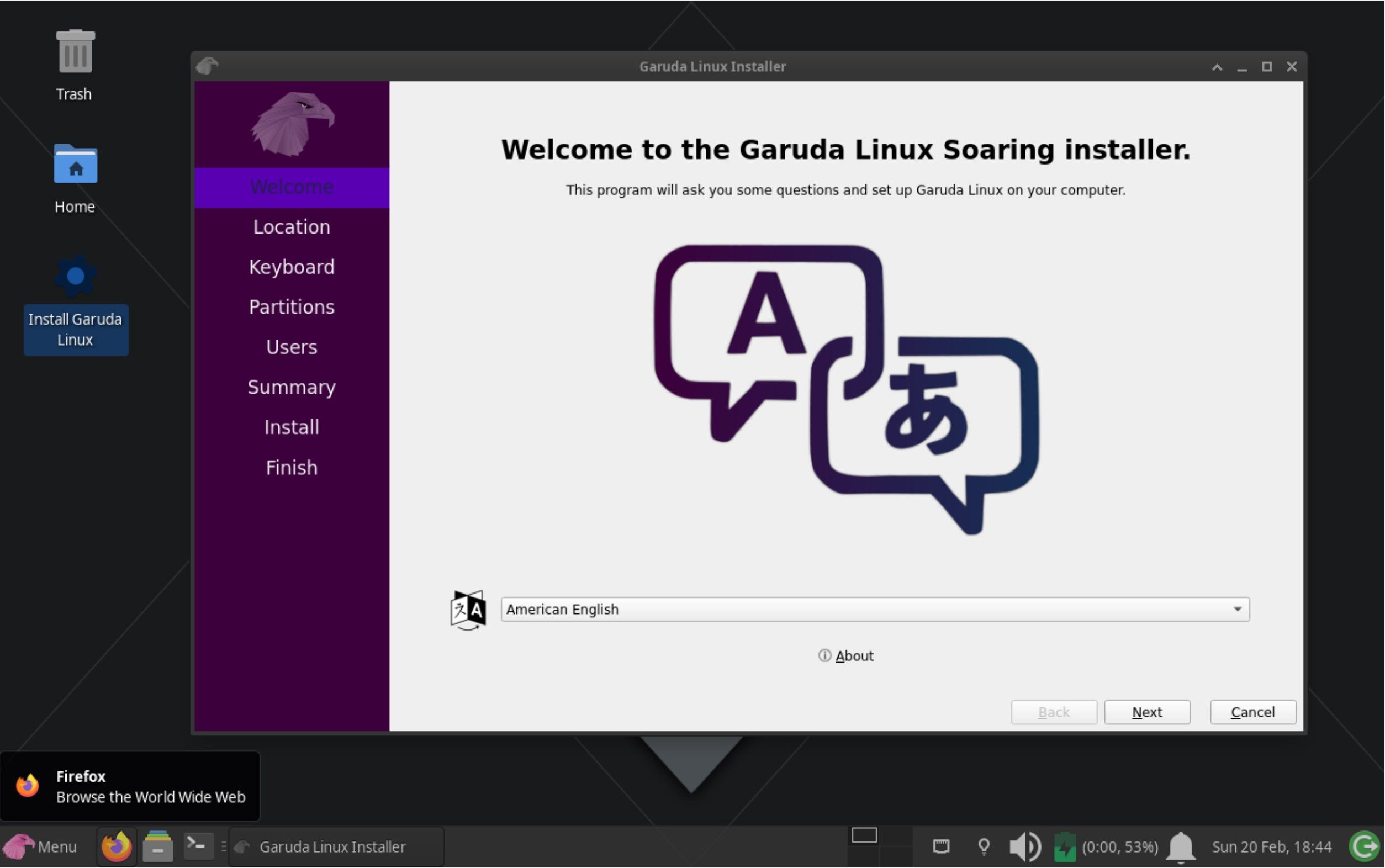 Install Garuda Linux Welcome screen