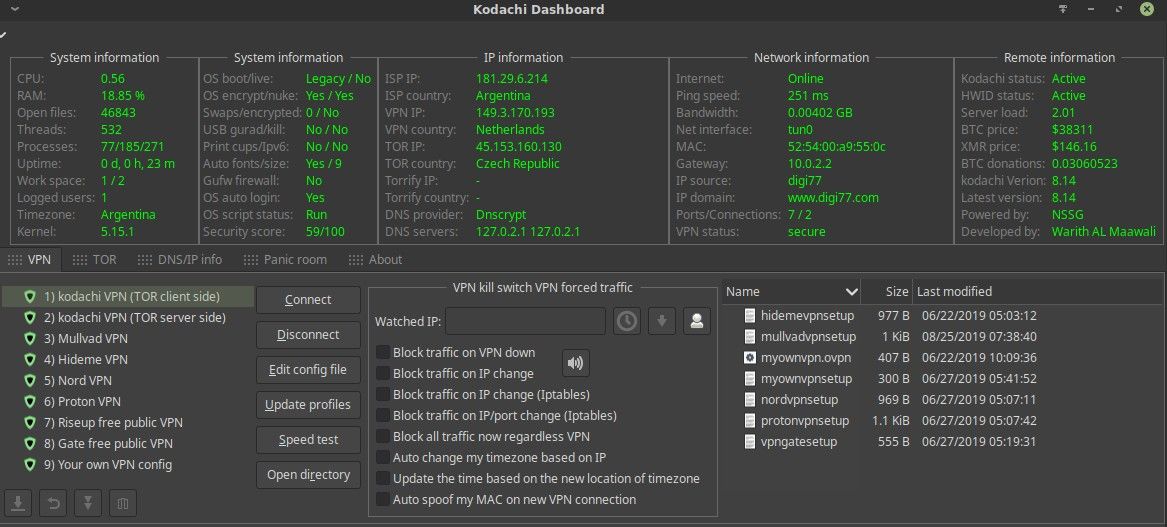 Tableau de bord Kodachi Linux