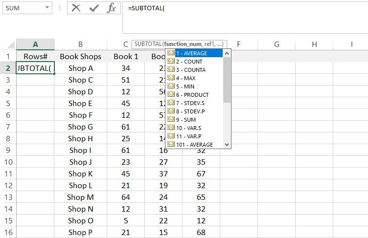 List of Functions to Select for SUBTOTAL Function in Microsoft Excel