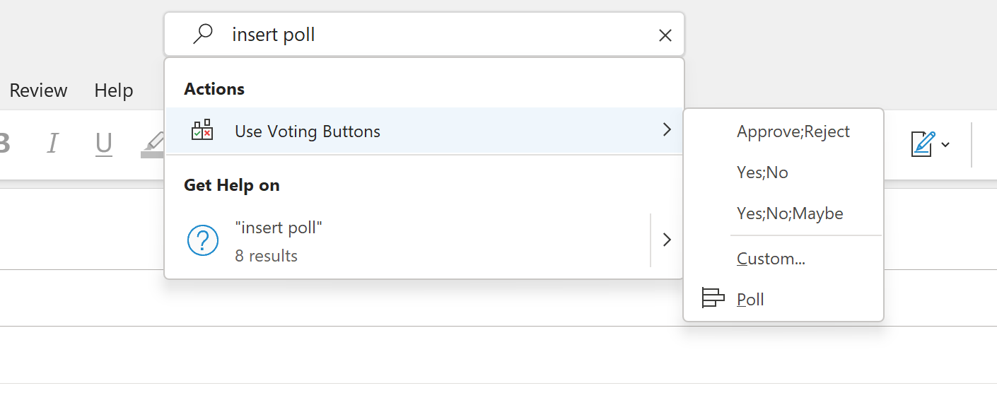 A screenshot shows how to insert a poll via Microsoft Search Box in Outlook.