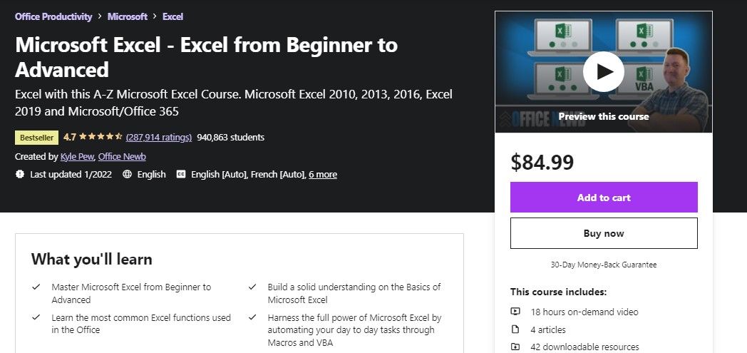 Microsoft Excel - Excel from Beginner to Advanced Course on Udemy