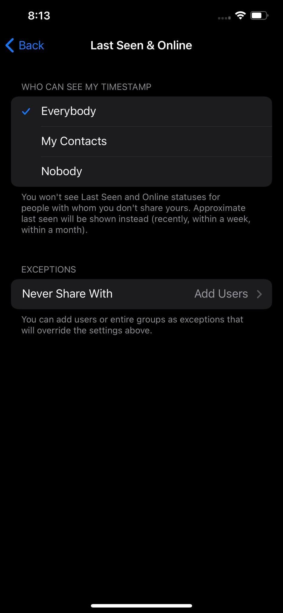 Never Share With Exception List Option in Settings of Telegram App for iOS