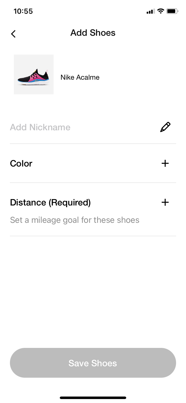 Nike Run Club app screen for adding shoes