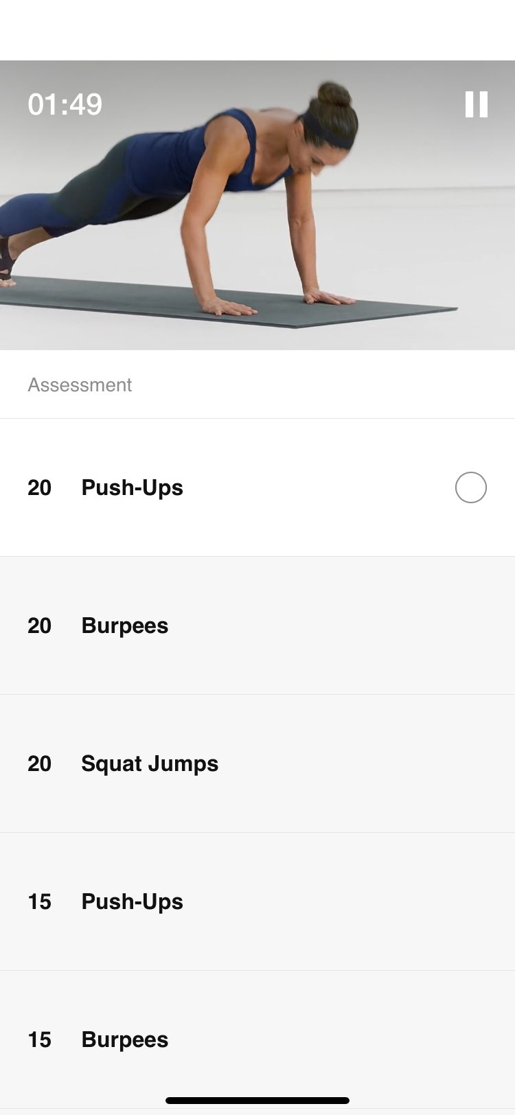 Nike Training Club app benchmark workout in progress
