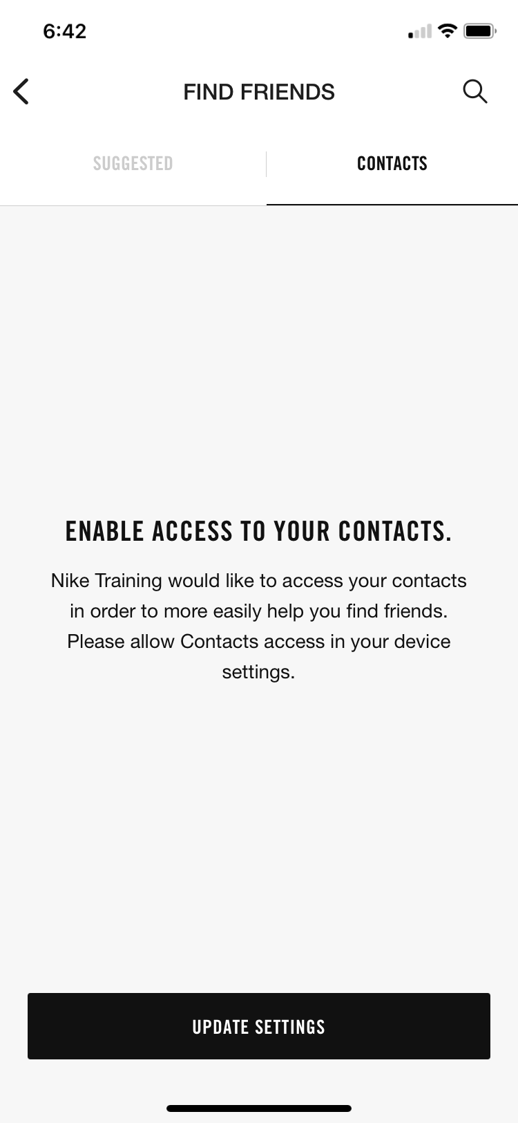 Nike Training Club app contacts screen