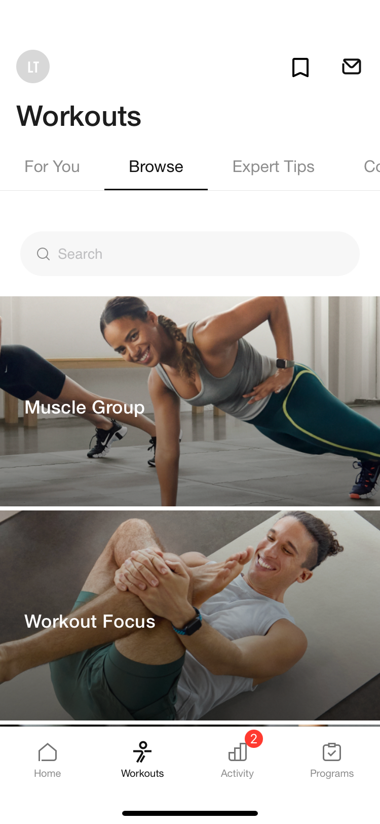 Nike Training Club app workouts home screen