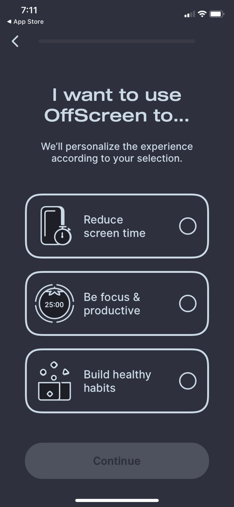 OffScreen app personalization screen