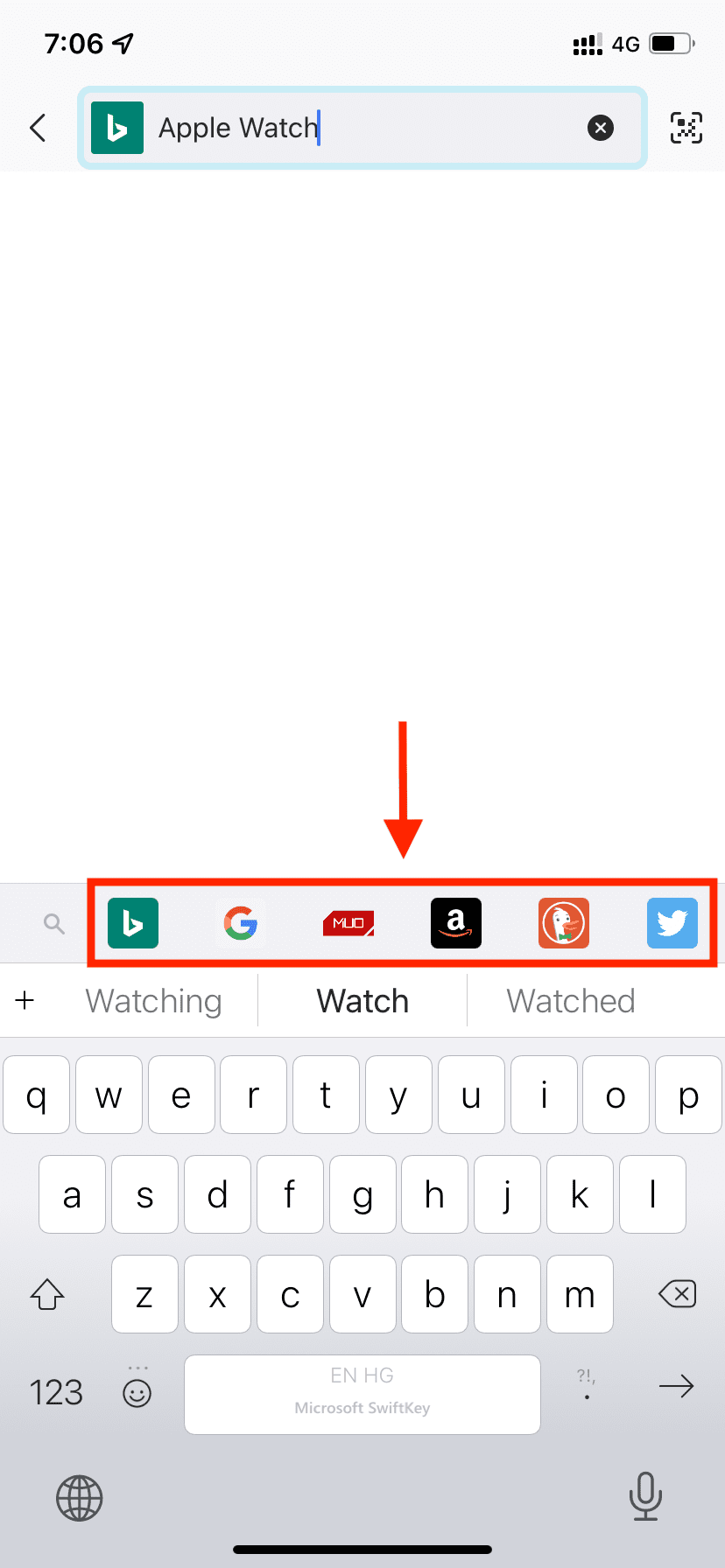 Other search engine icons above the keyboard while searching in Firefox