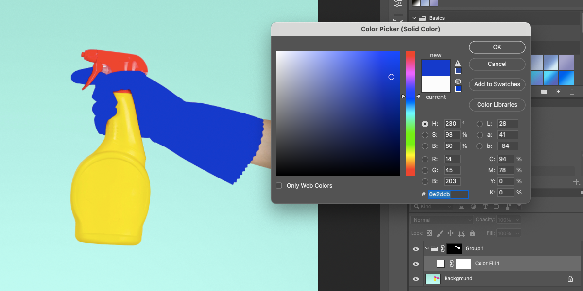 Screenshot showing Photoshop's color picker on a royal blue