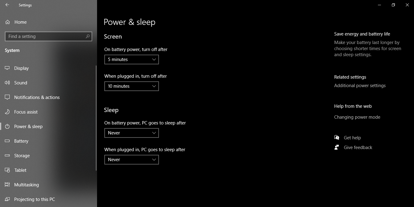 Power and Sleep Settings in Windows 10 Settings App